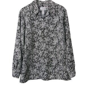 Villager Sport Black White Floral Button Up Long Sleeve Shirt Women's Large